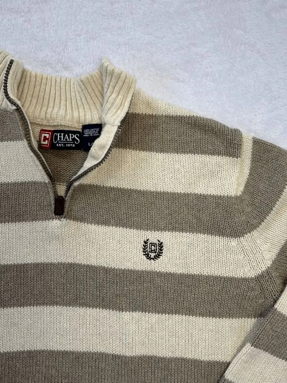 Chaps 100% Cotton 1/4 Zip Pullover Sweater Tan/Beige Stripe Size L Fair Isle